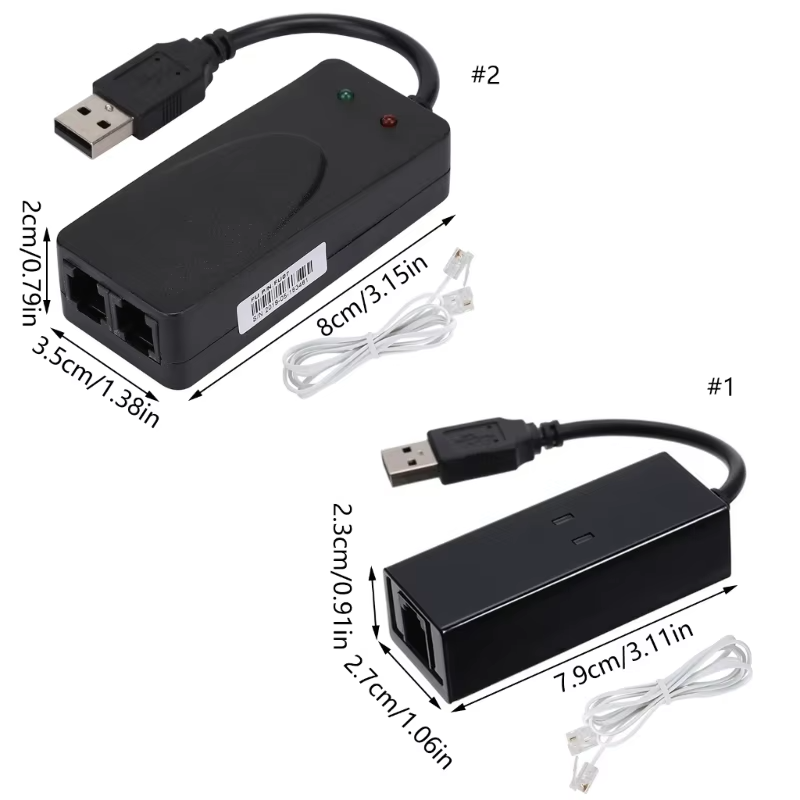 Photo of two USB 56K modems with physical dimensions (size).